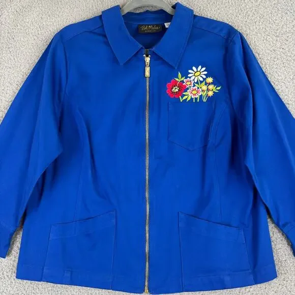 BOB MACKIE Jacket Large Artsy Embroidered Floral Full Zip Pocket Lightweight - Picture 2 of 11
